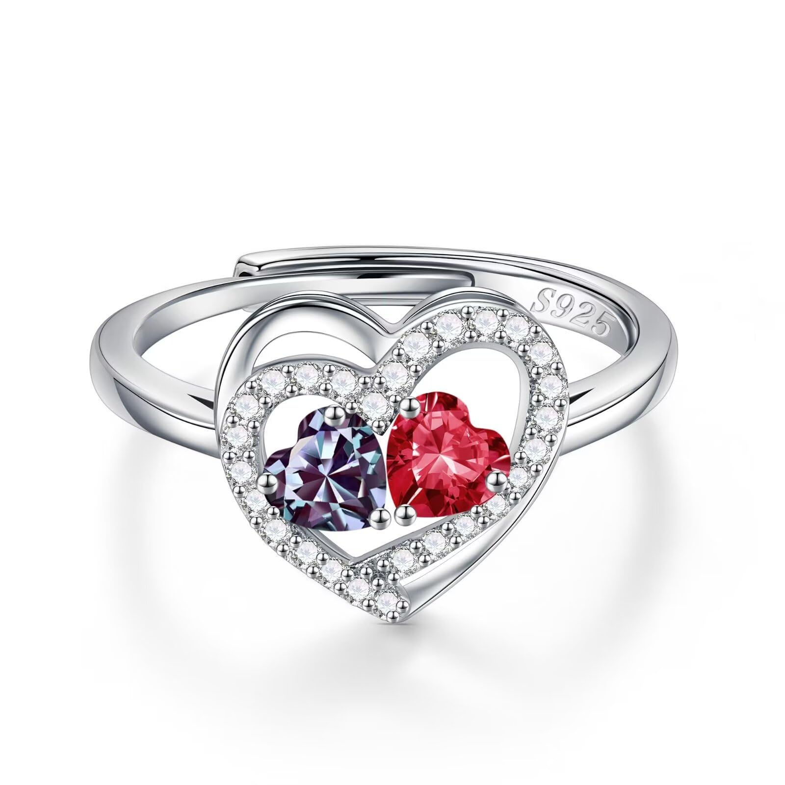 Iefil Adjustable Ring for Women - 925 Sterling Silver Double Birthstone Rings, Anniversary Birthday Gifts for Women Wife Her