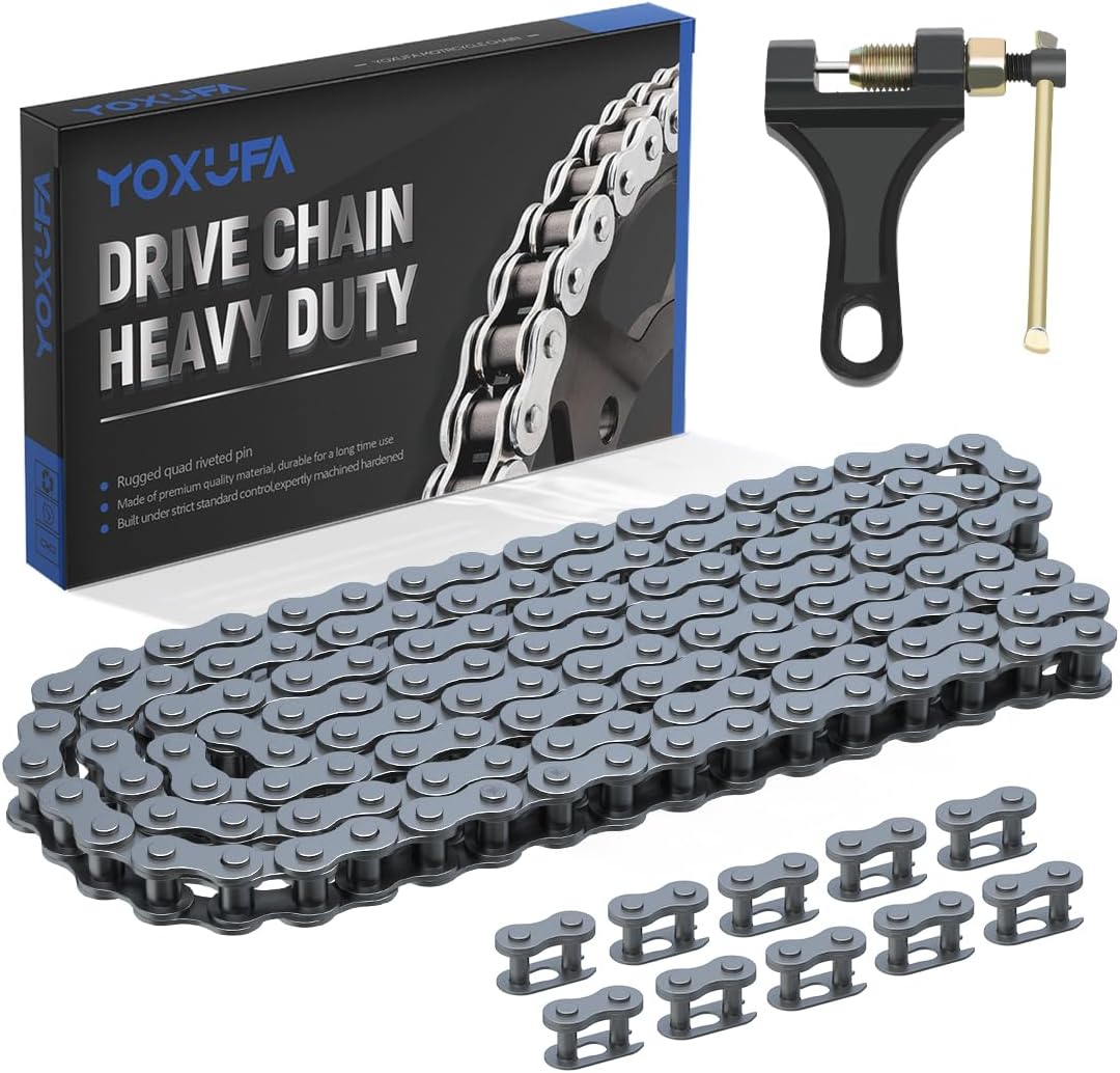 YOXUFA 420 Motorcycle Chain 132 Links for Pit Dirt Bike 50cc 70 90 110 125cc SSR TaoTao Coolster Apollo Baja Kazuma ATV 212cc Mini Bike Go Kart 4 Wheeler Quad Powersports Parts W/Chain Breaker