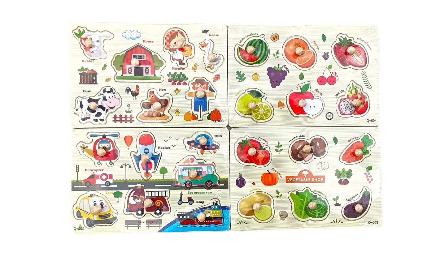 ROYCO Wooden Educational Puzzle toys for kids Multi Color Nursery Jigsaw Toys Kit Game Pre-School Learning FARM TRANSPORT FRUIT and VEGETABLE Board Tray Come with Knobs for Children Boys and Girls Baby (SET OF 4 )