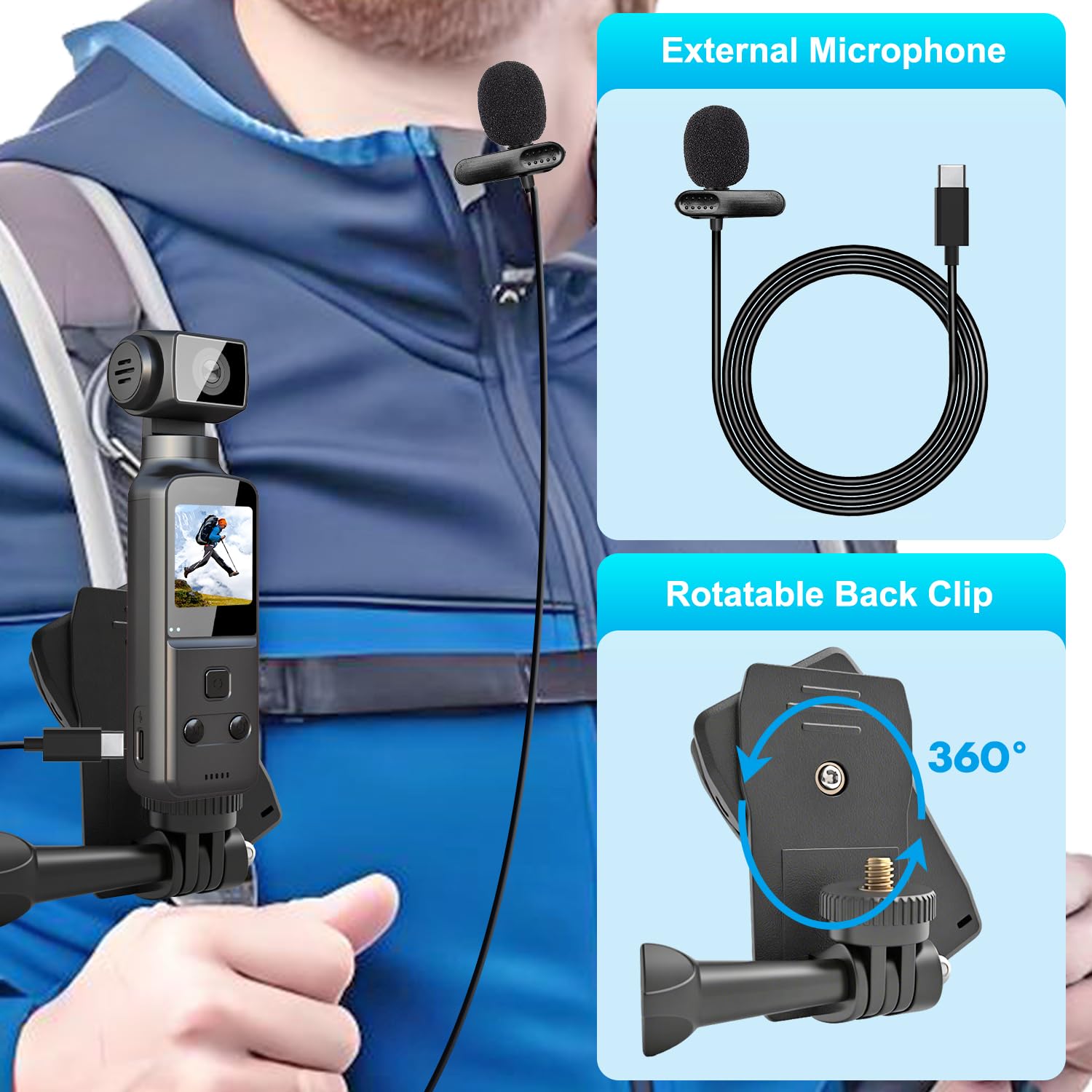 4K Camera Pieton, Caméra Portable/Vlogging/POV/Corporelle avec Objectif Rotatif 270°, Pocket Body Cam avec Microphone Externe, Clip et Carte TF 64 Go