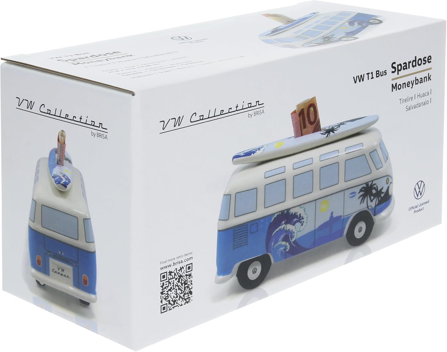 BRISA VW Collection - Volkswagen Savings Bank Piggy Bank Money Coin Box with Surfboard in T1 Bus Samba Design (Surf/Blue)