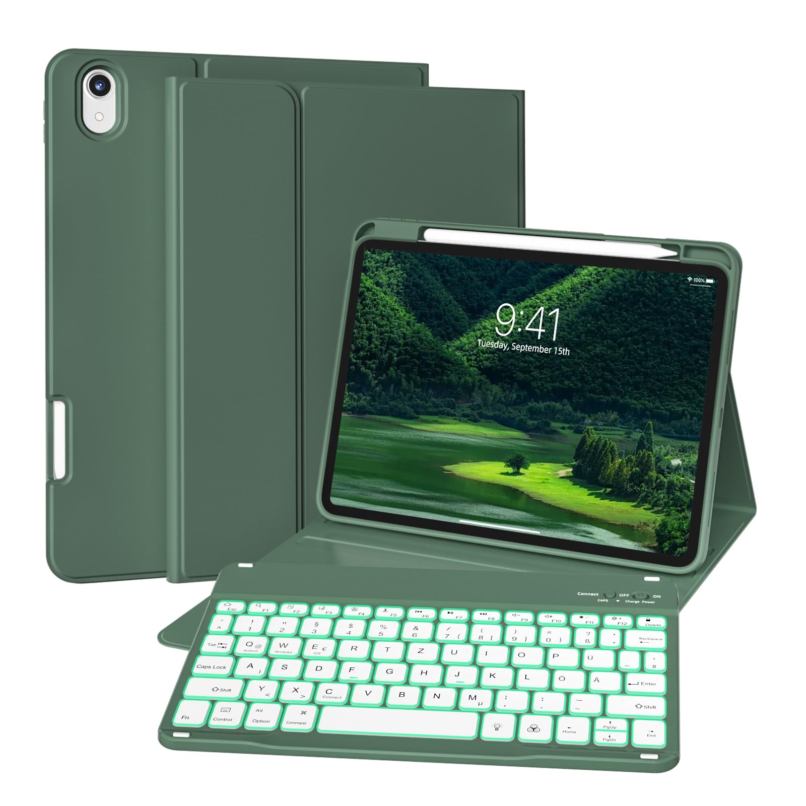 ZKTUYU Hülle mit Tastatur für iPad 11 Generation A16/10 Generation (11/10.9 Zoll, 2025/2022), 7-farbige Beleuchtung Magnetische Tastatur für iPad 11./10. Gen Hülle mit Stifthalter, Dunkelgrün