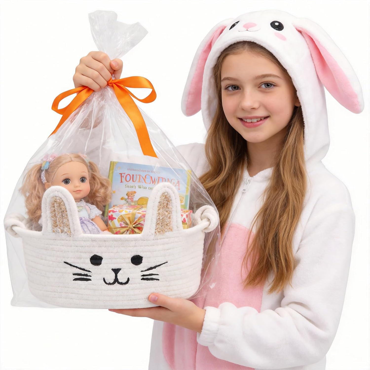DPKOW Small Woven Easter Basket for Gifts Empty, Cute Rope Bunny Basket for Living Room Nursery Baby Shower Storage Easter Gifts for Toddler Babies Infant, with Gift Bags and Ribbons, 11.5"X 7.3" X 5"
