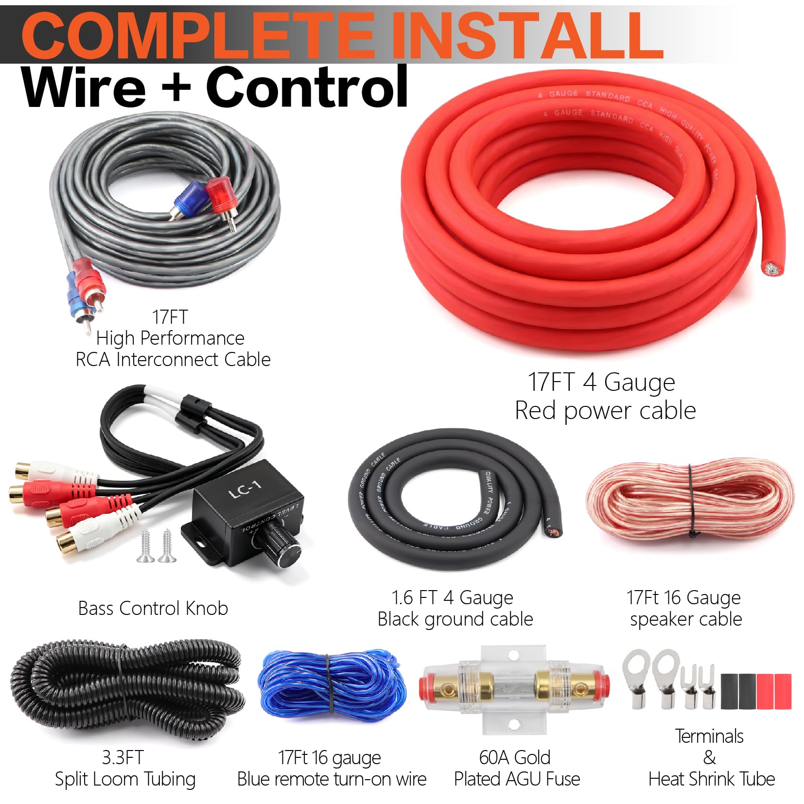 Kit de câblage complet pour amplificateur de voiture avec contrôleur de niveau de caisson de basses à distance – Câble d'alimentation/de terre CCA 1000 W, câble RCA, fil de haut-parleur, fusible 60 A
