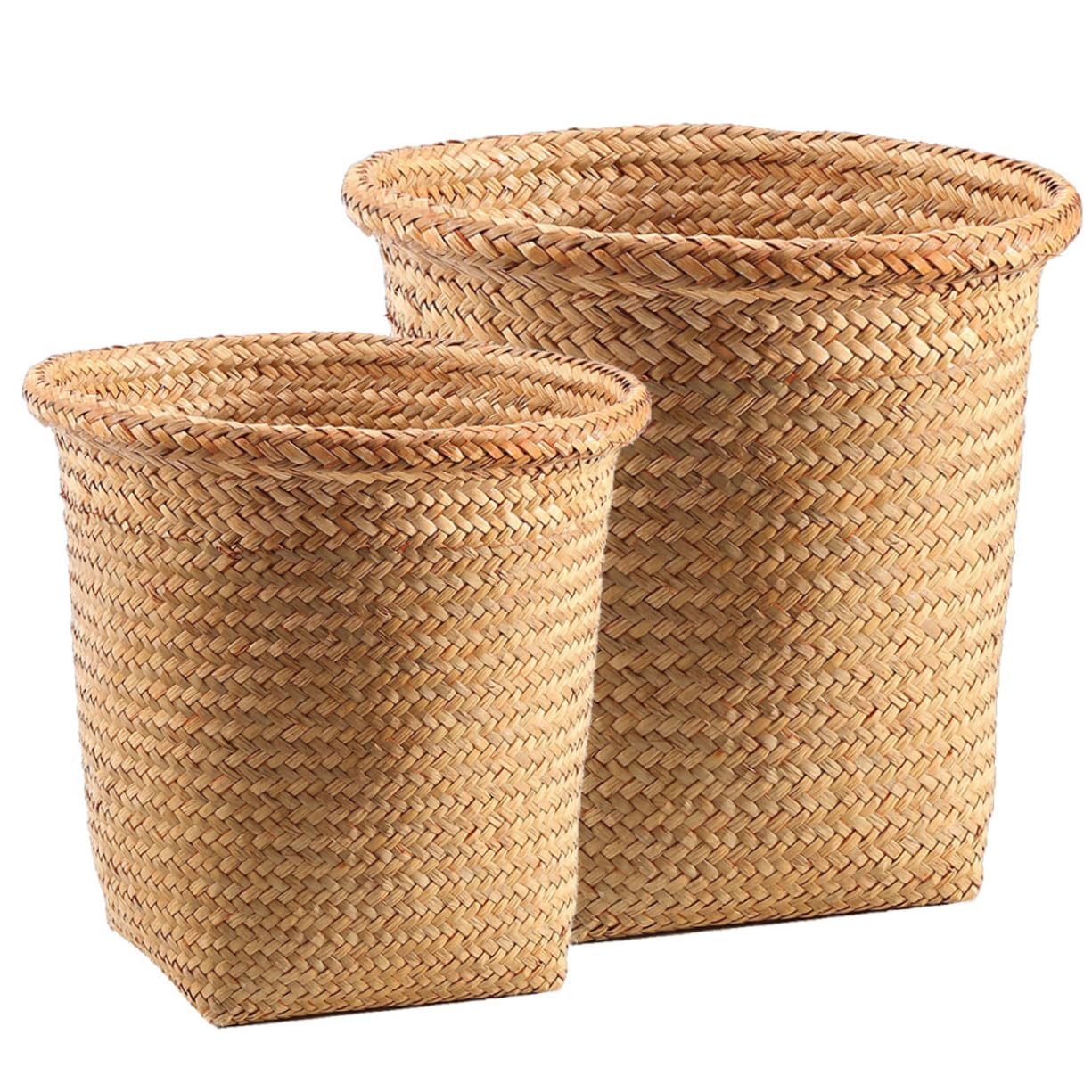ARTIBETTER 2pcs Seagrass Waste Basket Woven Trash Can Garbage Container Bin Wicker Rattan Laundry Hamper Plant Pot Holder Sundries Storage Basket for Kitchen Bathroom Home Office