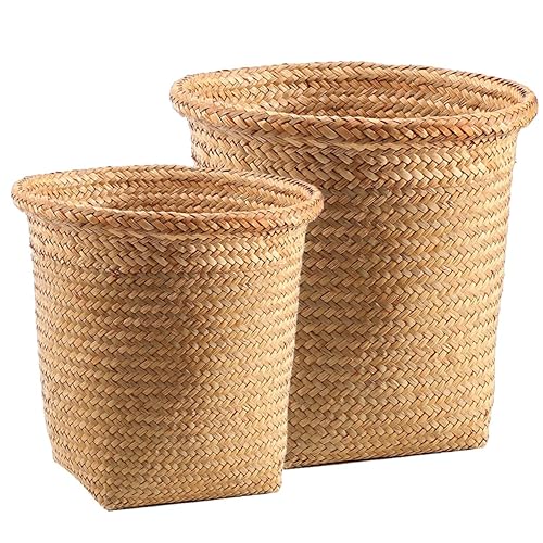 ARTIBETTER 2 cestas de basura de hierba marina, contenedor de basura tejido, contenedor de mimbre de ratán para lavandería, soporte para macetas,