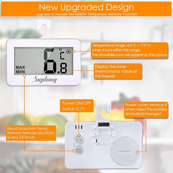 Fridge Thermometer, Suplong Digital Waterproof Fridge Freezer Thermometer Easy to Read LCD Display With Max/Min Record Function - 4
