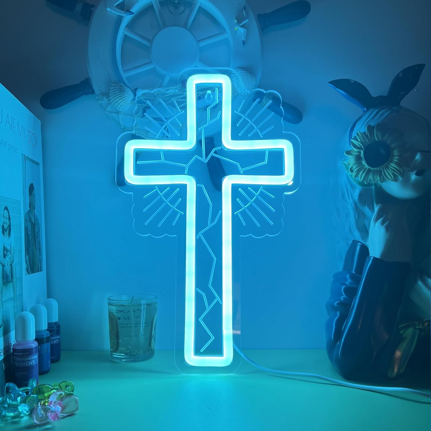 Ice Blue Cross Neon Sign for Wall Decor, Christian LED Cross Light Symbol of Faith & Hope, Sacred Religious Neon Lamp for Prayer Room Bedroom Church, 5V USB Powered with Switch, Baptism Wedding Easter Gift(12.6x7.6inch)