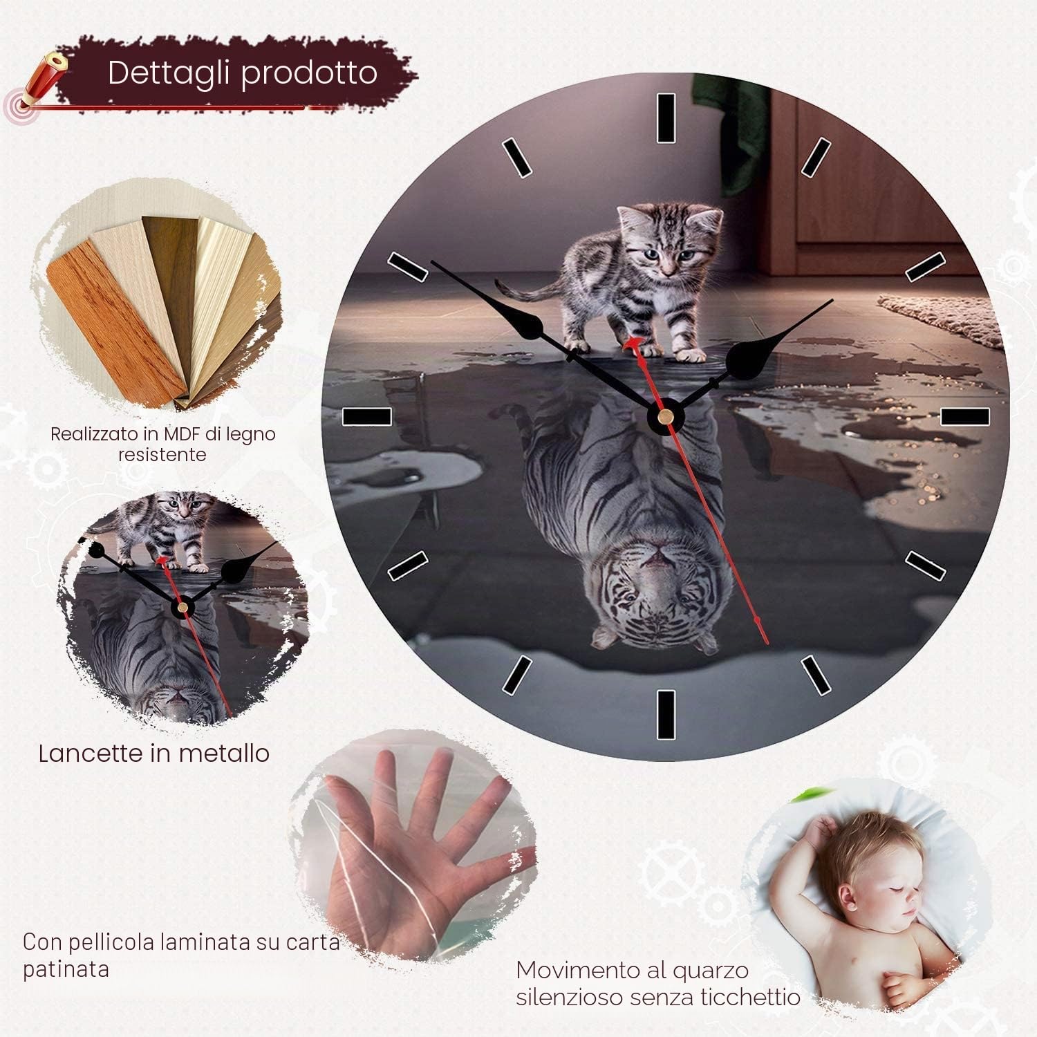 VIKMARI Orologio da parete in legno, 34 cm, silenzioso, al quarzo, senza ticchettio, design moderno, orologio da parete, cucina, per casa, soggiorno, camera da letto, ufficio, scuola, modello di gatto