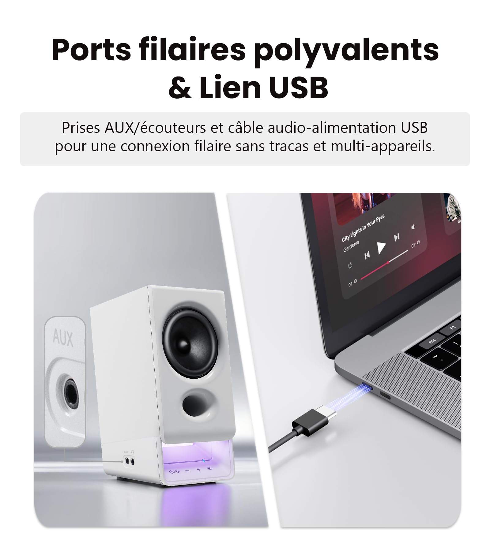 Edifier R20BT Enceintes USB Bluetooth 6.0 avec Haut-Parleurs Large Bande 2,75", Commandes Tactiles, Entrée AUX, Prise Casque, Éclairage Personnalisable Via Application - Blanc