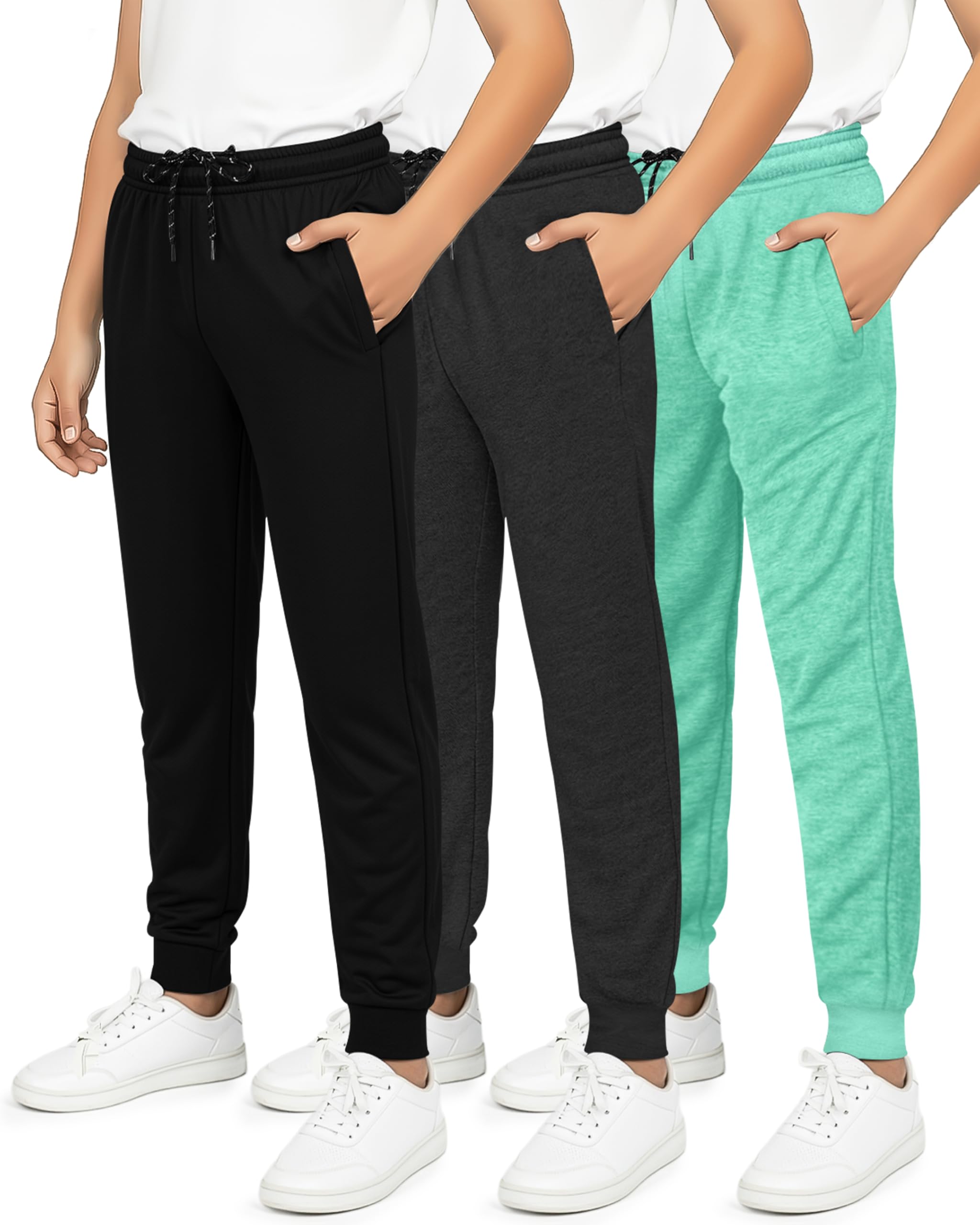Real Essentials 3 Pack: Boy's Mesh Jogger Sweatpants - Youth Kids Baseball Football Athletic Pants with Pockets