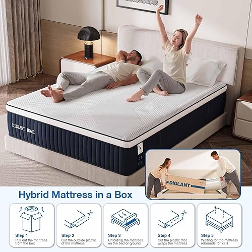 Miniatura 7 de DIGLANT - Colchón híbrido de espuma viscoelástica de 14 pulgadas con parte superior europea, resortes de felpa media, tamaño King para alivio de