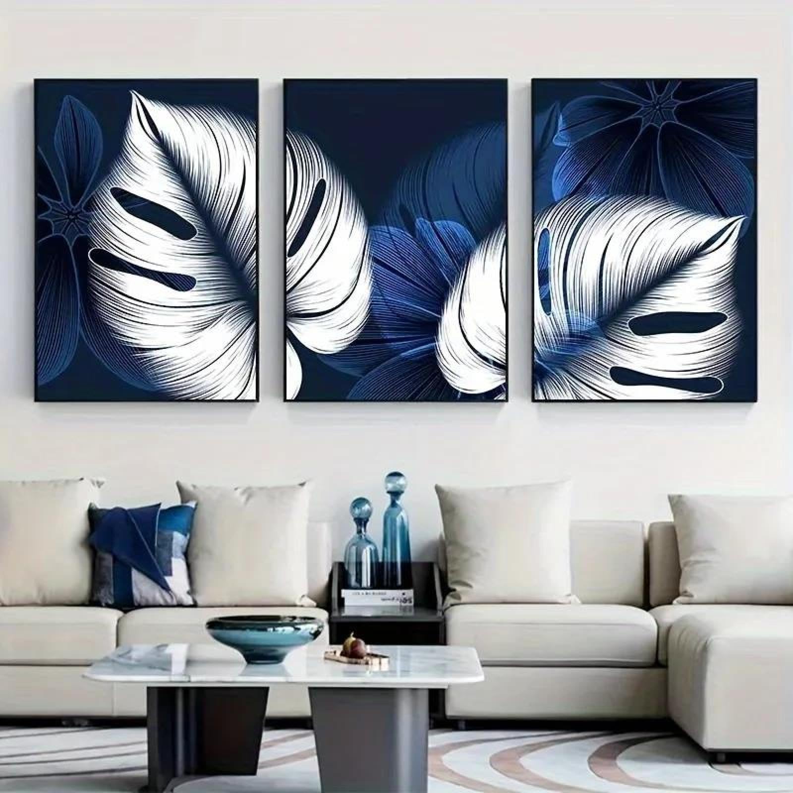 Yocheng 3pcs Abstract Blue & White Leaf Canvas Wall Art -UnMinimalist Nordic Living Room Decor 50x70cmx3 No Frame