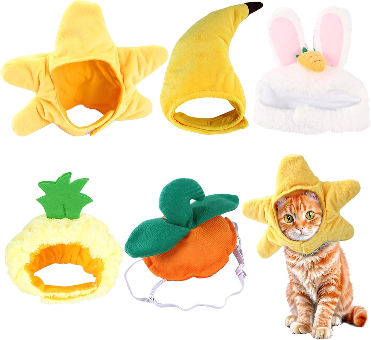 5 Pcs Cat Costume Hats, Cat Cosplay Costumes with Banana Pineapple Starfish Pumpkin Rabbit Hats Headwear, Ideal for Cats Small Pets Kitten Puppy Party Costume