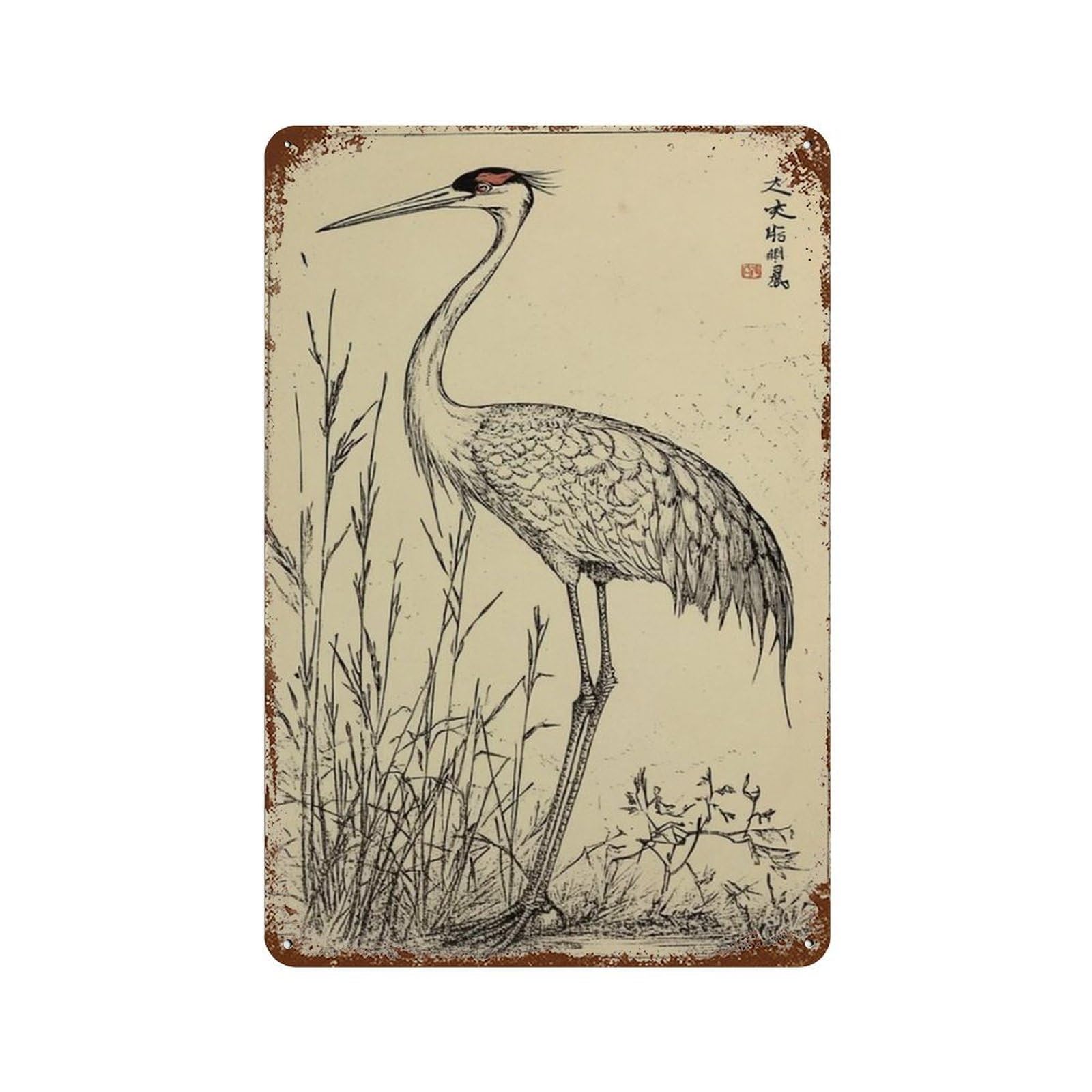 xiaoxiaoshen Japanese Crane Line Bird Minimal Oriental Nature Design Wall Decor Art Metal Tin Poster Modern Home Decor Art Home Bar Shop Decorations Vintage Sign 30x20cm