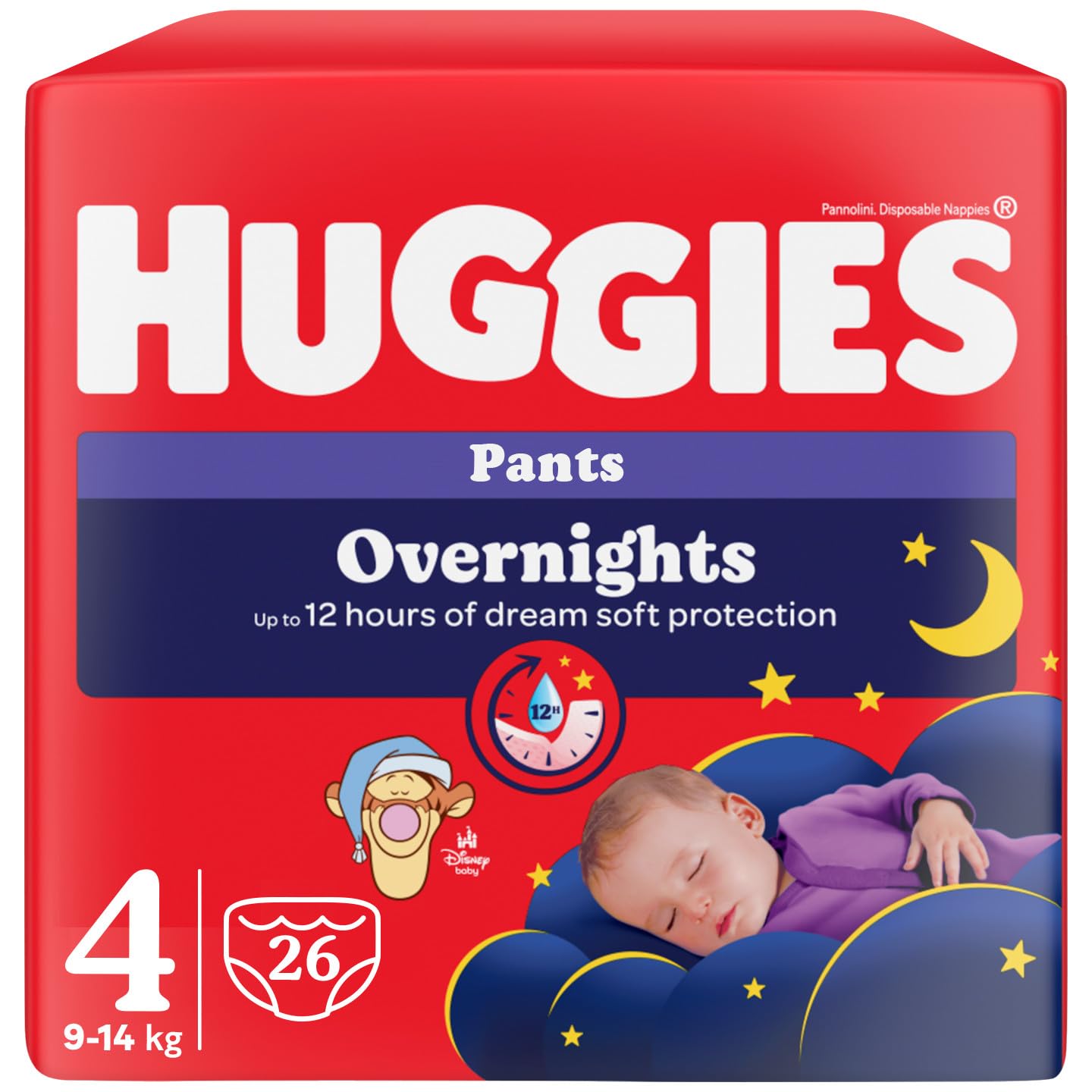 Huggies Overnight Couches Nuit Bébé Taille 4 (9-14 Kg) Couches Absorbantes pour la Nuit, Design Disney, Lot de 26 culottes
