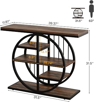 Tribesigns Console Table, 100 cm Industrial 5-Tier Sofa Table Entryway Furniture with Circle Base, Narrow Wood Accent Tables with Storage Shelves for Living Room, Hallway, Foyer (Rustic Brown)