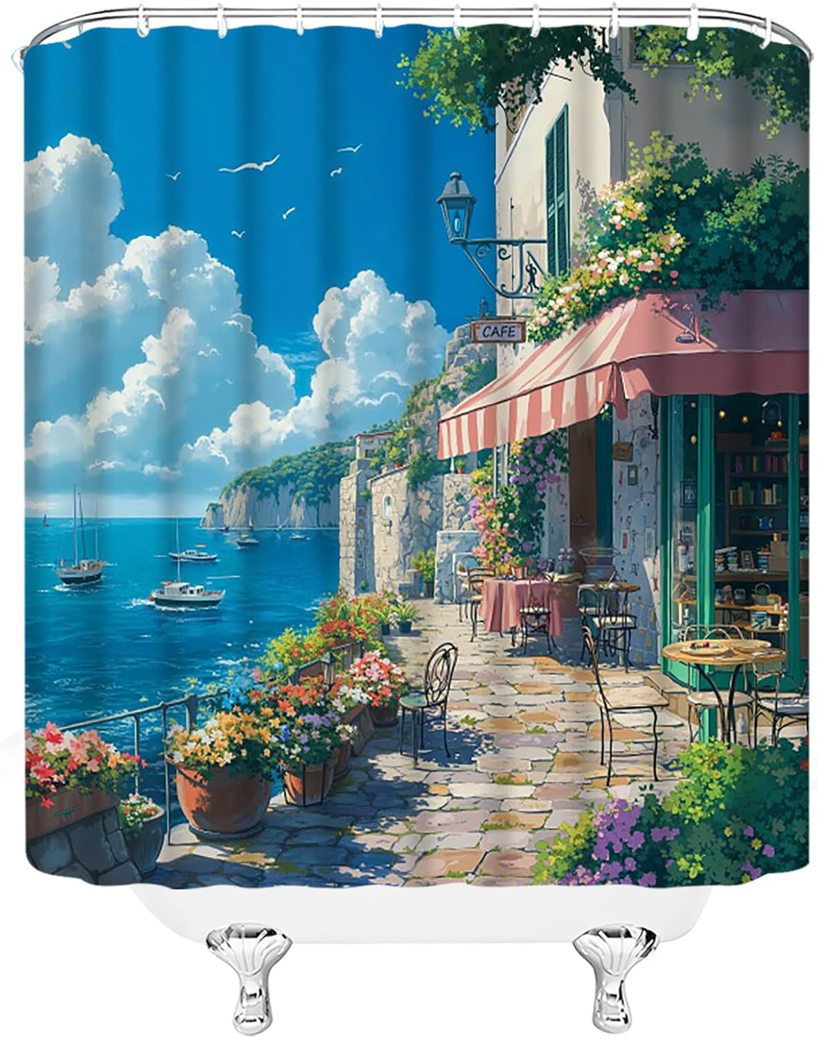 Italian Shower Curtain,Blue Ocean Floral Street Sea Landscape Polyester Bathroom Curtain with 12 Hooks,Bathtub Home Decor,70x84 Inch