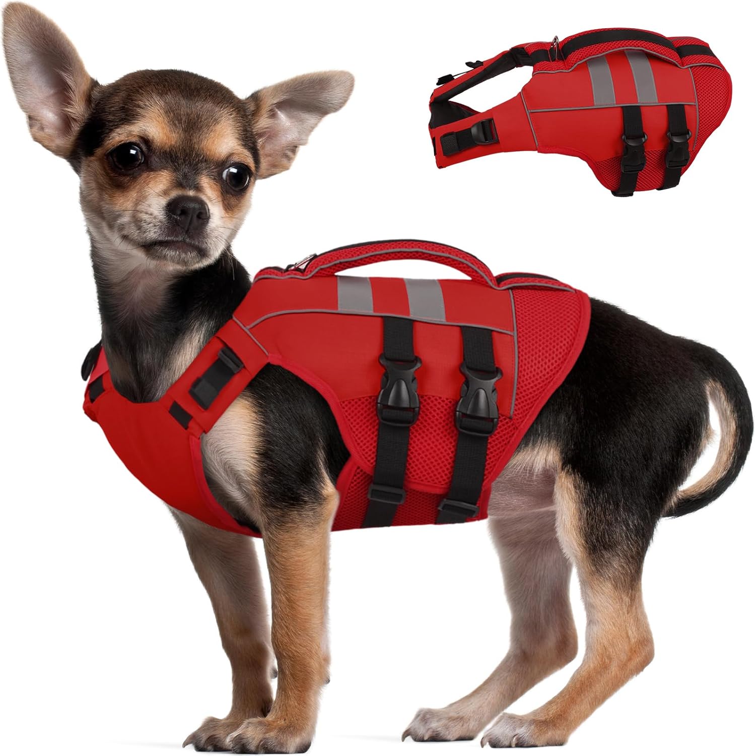 Kuoser Small Dog Life Jacket, High Flotation Dog Water Vest for Swimming Boating, Reflective Doggie Swimming Vest Pet Life Preserver with Rescue Handle, Red XS