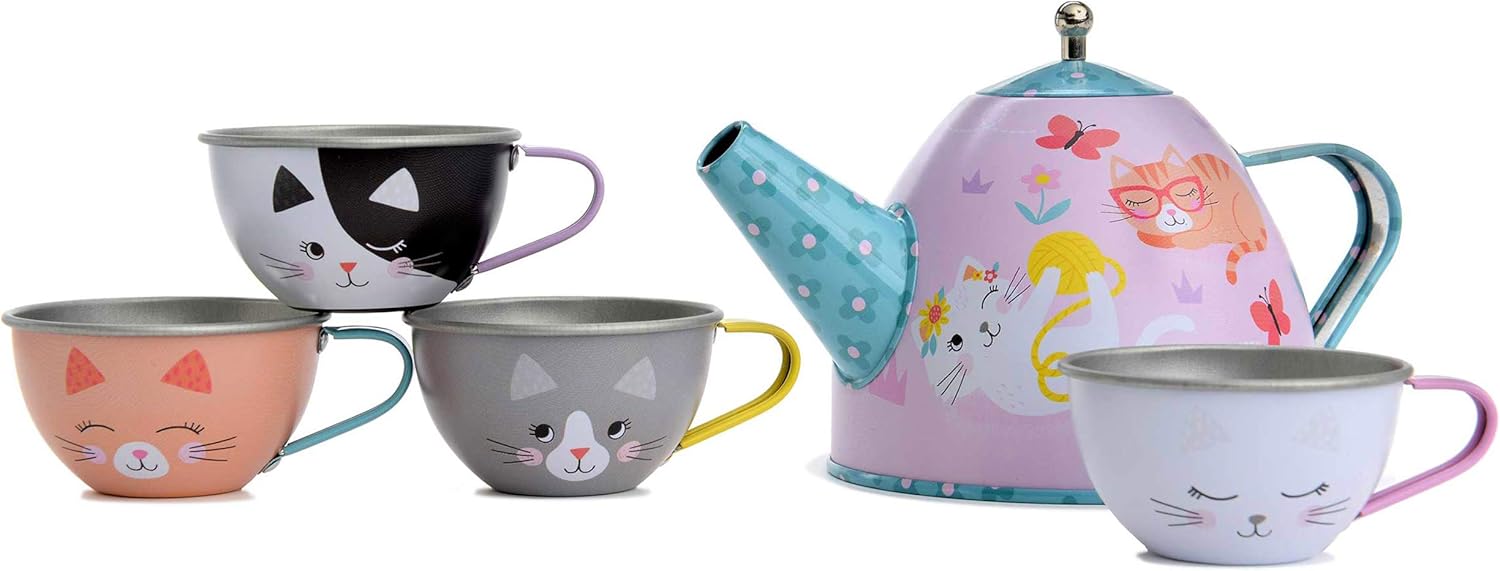 Jewelkeeper 15 Piece Kids Tin Tea Set & Carrying Case Cat Design BigaMart