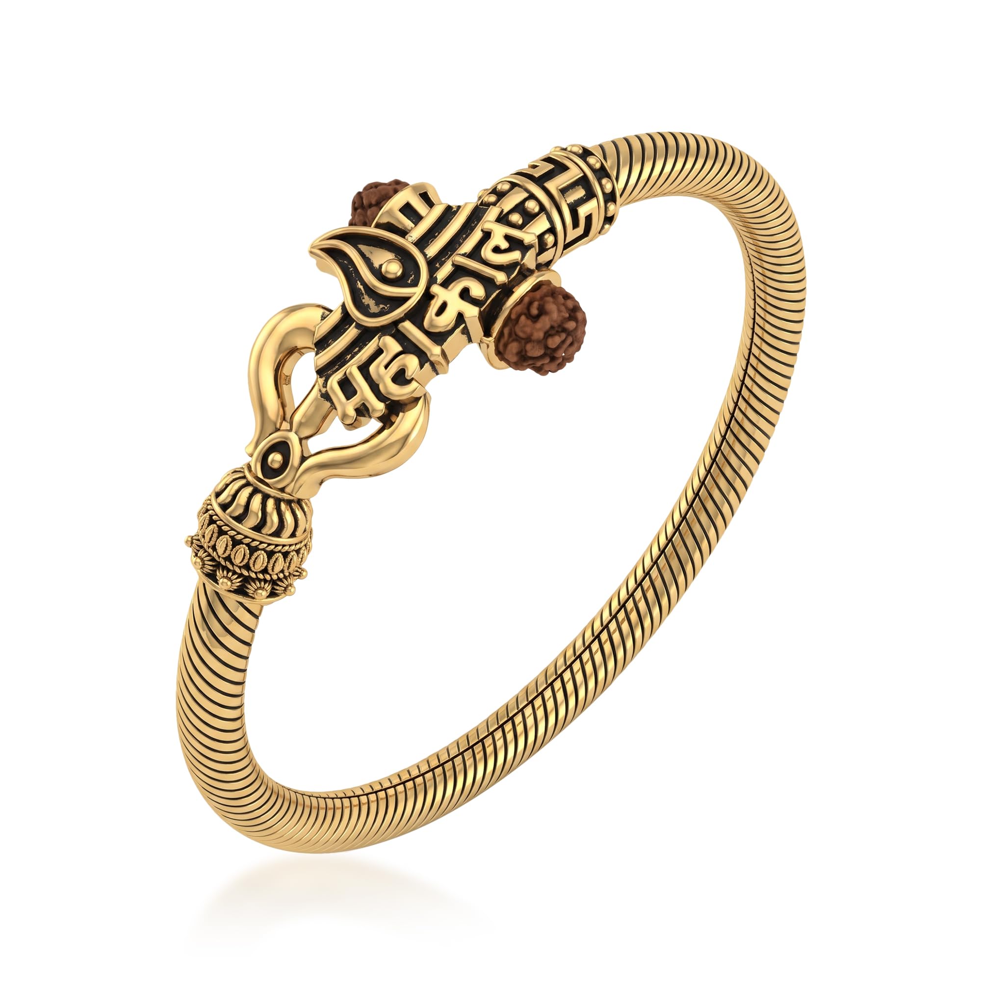 Har Har Mahadev Trishul Kada Bracelet for Men & Women | yellow Plated Stainless Steel Adjustable Kada with Rudraksha Design | Lord Shiva Religious Spiritual Bracelet | Unisex Fashion Jewelry-image-3
