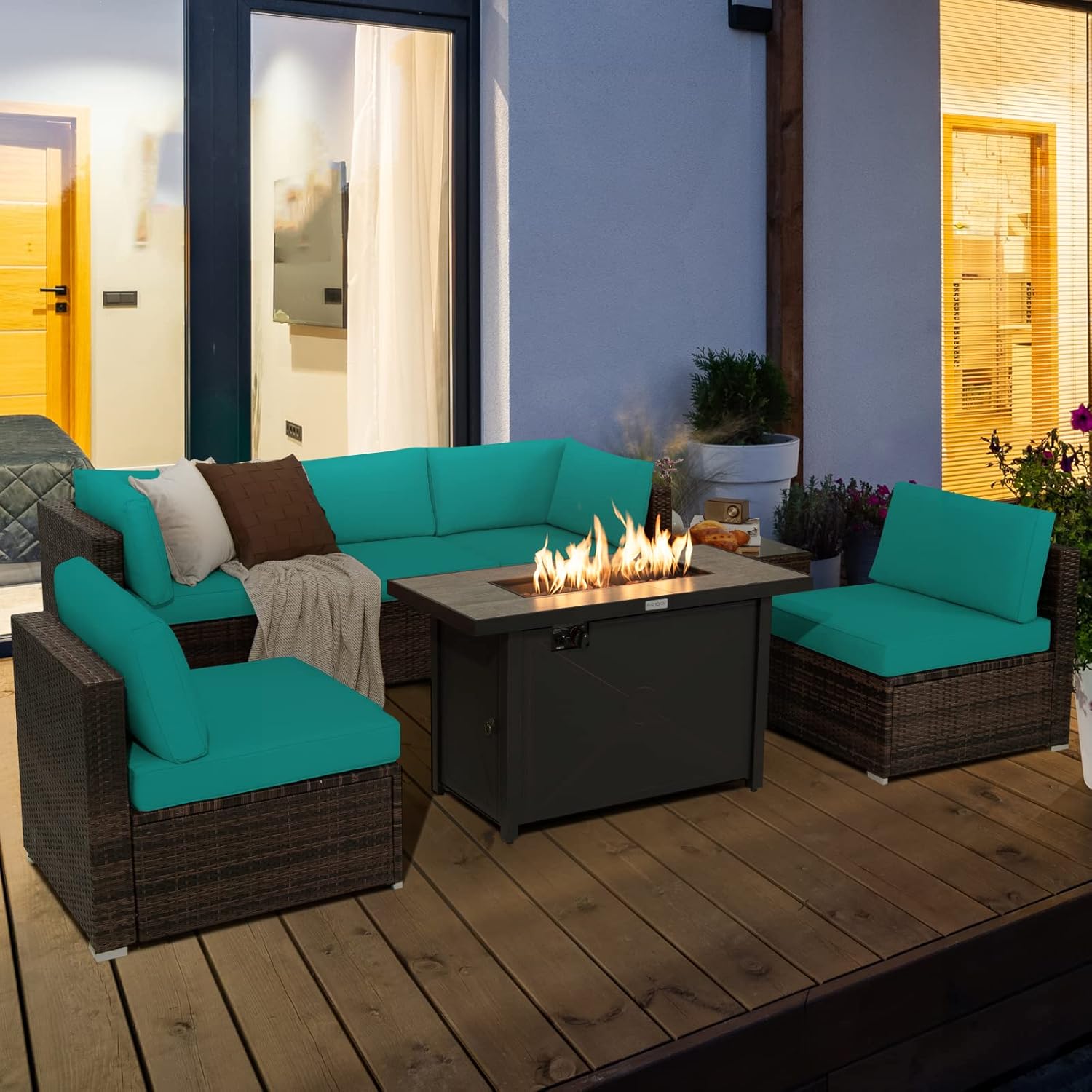 Tangkula 7 Piece Patio Furniture Set with Fire Pit Table, Includes 42 Inches 60,000 BTU Propane Rectangle Fire Pit Table and Protective Cover, Outdoor Cushioned Sectional Sofa Set for 5 (Turquoise)