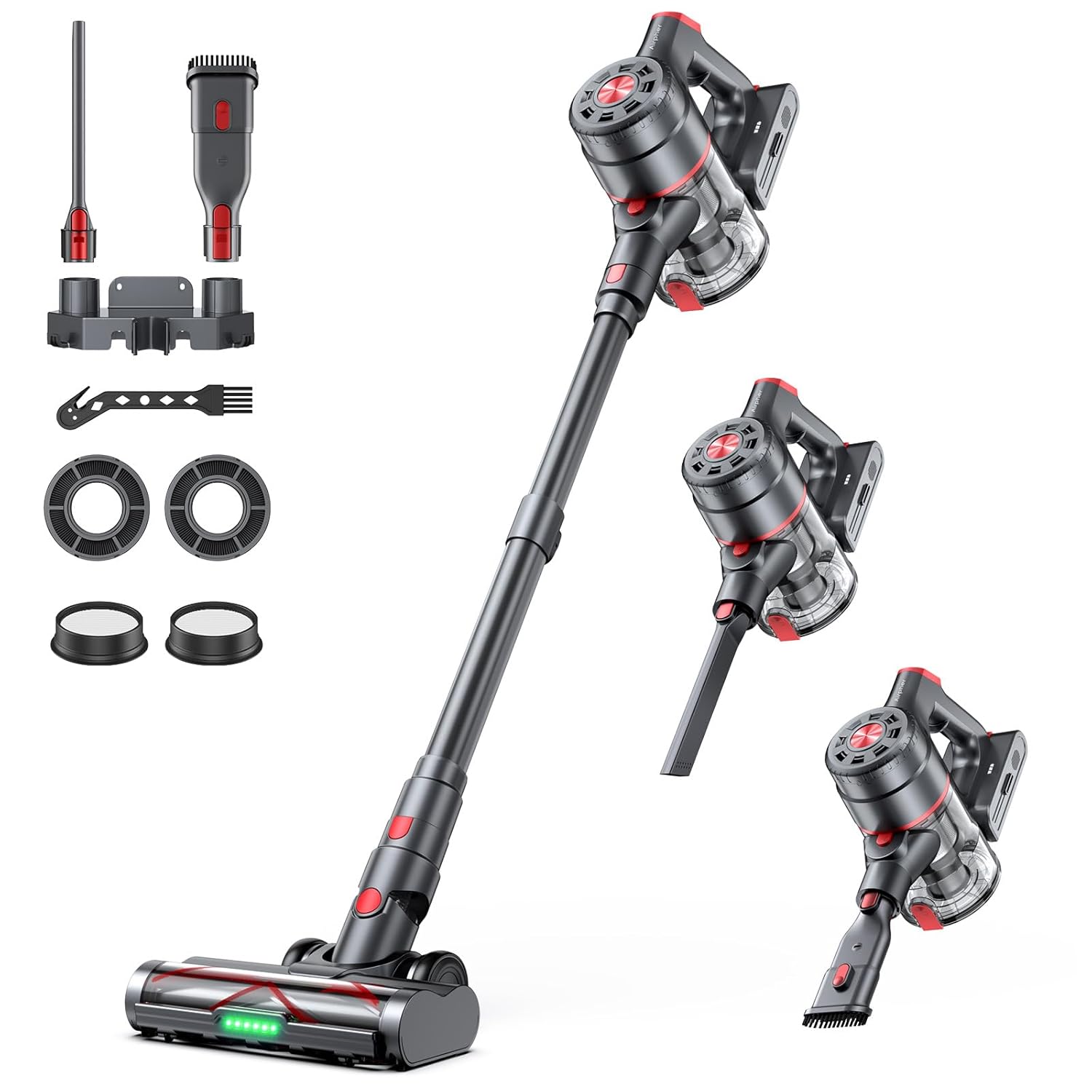 Cordless Vacuum Cleaner 580W 60KPA Dual Motor Stick Vacuum for Home with 60mins Runtime 6 LED Green Headlights