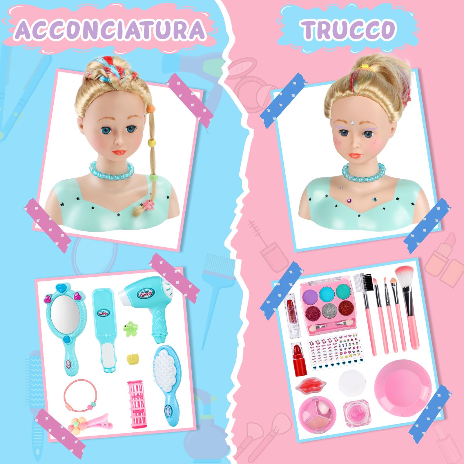BuzzoXerex Testa Bambola da Truccare e Pettinare, 58 Pezzi Testa da Pettinare Bambina, Bambola da Truccare Regalo di Compleanno, Natale per Bambini a Partire Dai 3 Anni (Blu)