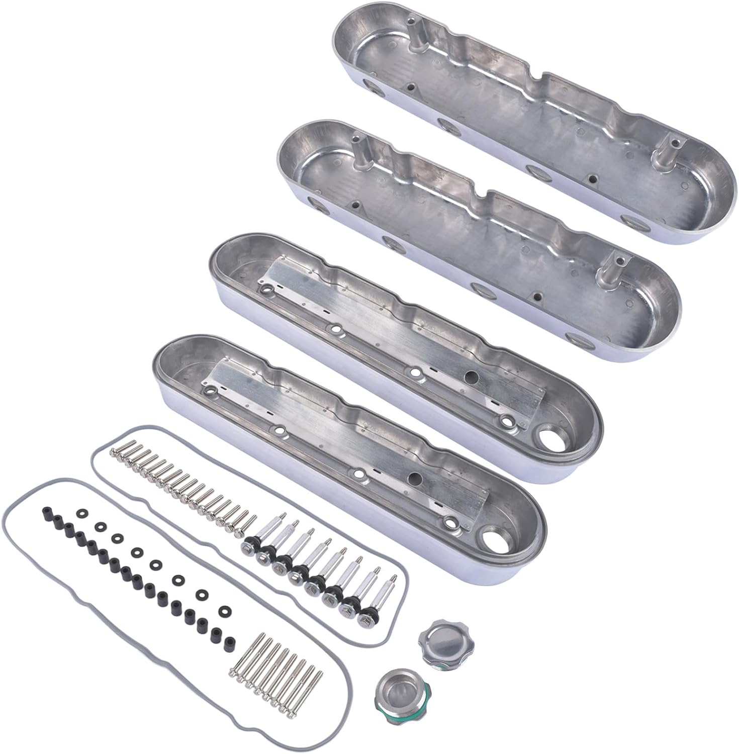 Two-Piece Polished Finish Finned Aluminum Valve Covers Replacement for GM V8 GEN. III/IV LS BASED
