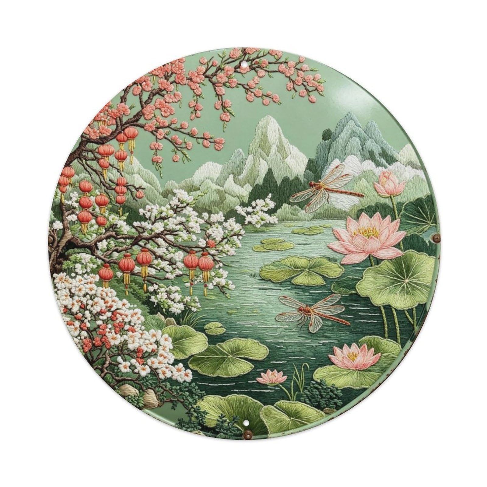 Dragonfly Lily Pad Embroidery Metal Tin Sign Plaque