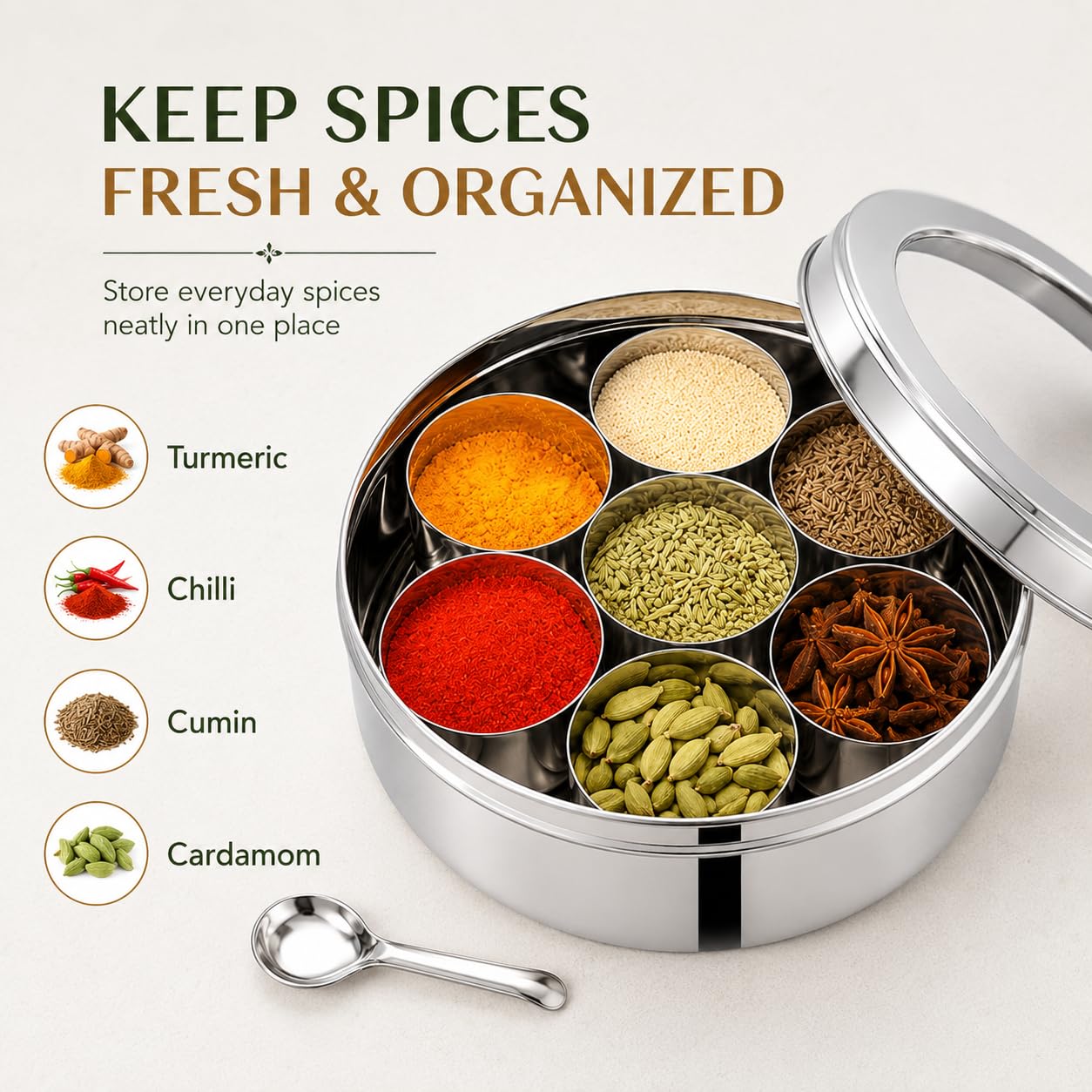 PNS Masala Dabba Boîte à épices avec 7 compartiments en acier inoxydable de qualité alimentaire avec cuillère de service (couvercle transparent, 16 cm)