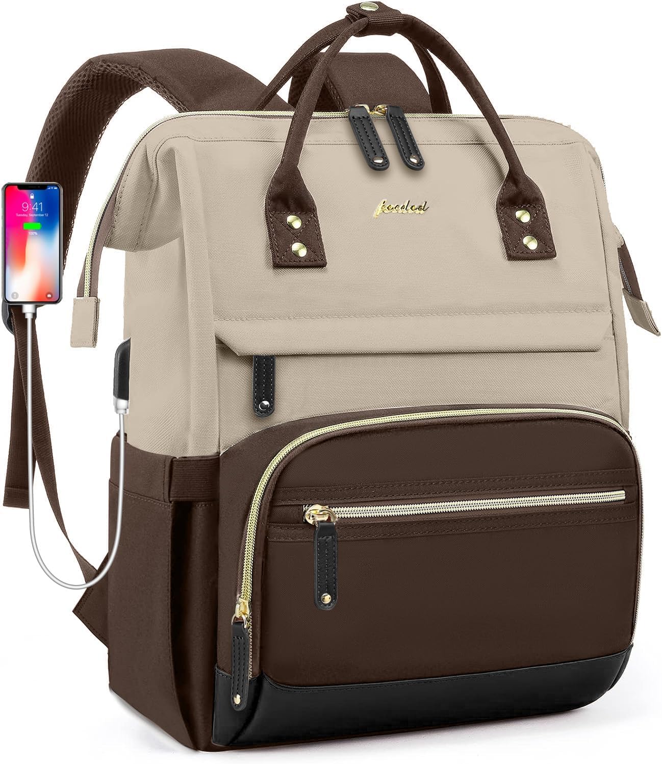 Focdod Laptop Backpack Women Work Bag: 15.6 inch Work Bookbag with USB Charging Port Large Travel Backpack Purse for College Nurse Casual Daypack for Teacher Professional Computer Backpack Apricot Coffee