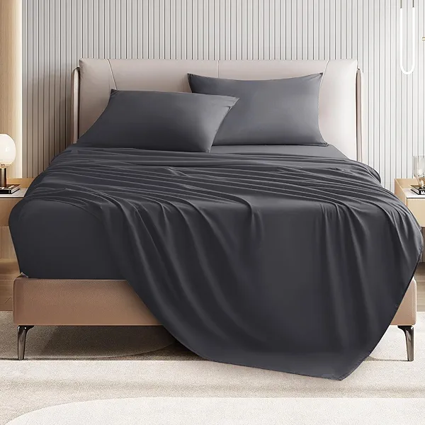 USXIBEI Queen Size 4 Piece Sheet Set - Comfy Breathable & Cooling Bed Sheets Set, Soft and Wrinkle Free, Deep Pockets, Easy & Secure Fit, Hotel Luxury Bedding for Women, Men - Oeko-Tex - Dark Grey