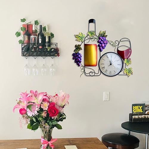 Miniatura 3 de Reloj de pared de metal para cocina, decoración artística de pared grande de 16 pulgadas, reloj decorativo con botella, vidrio, uva falsa, funciona