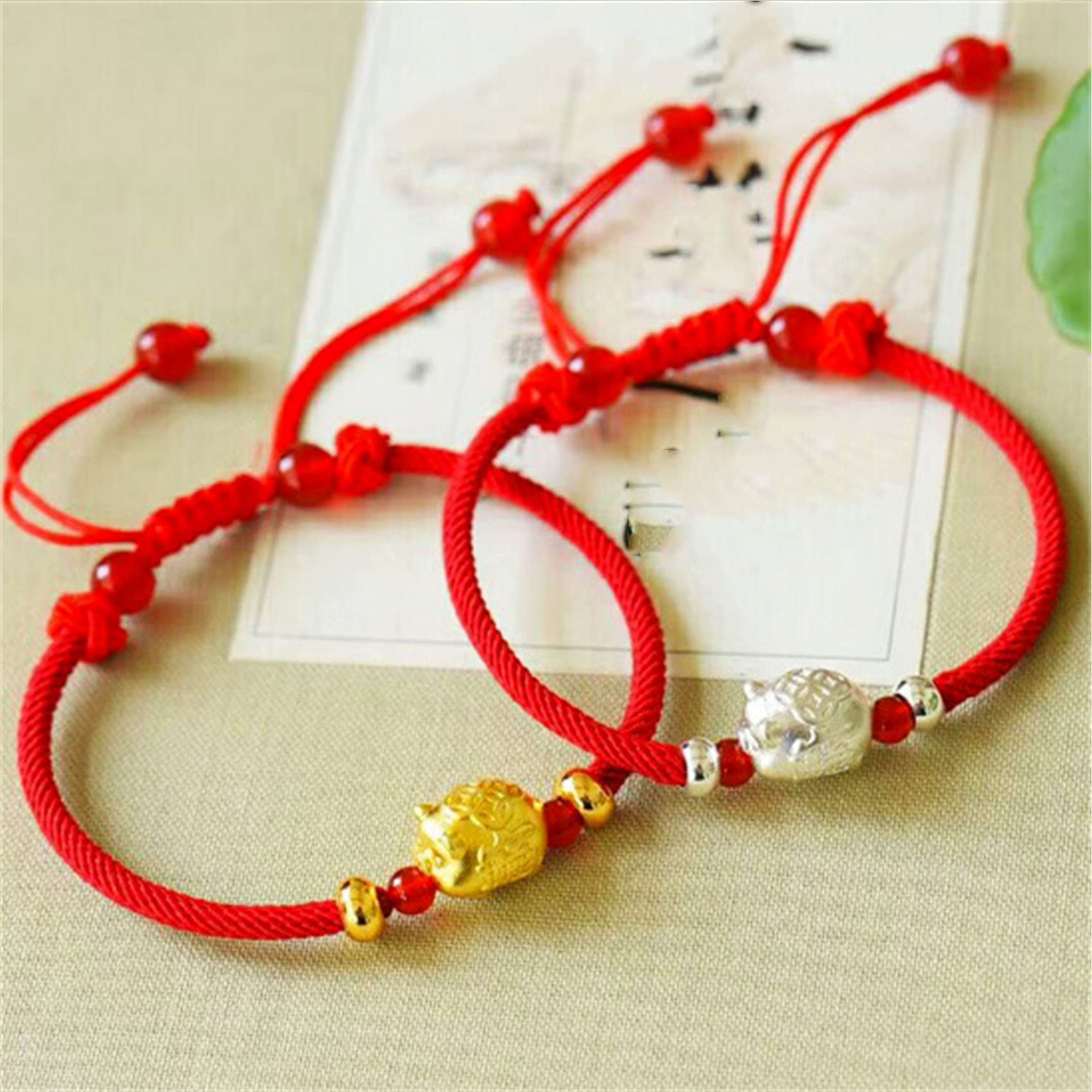 Pulsera de Riqueza Feng Shui Pulsera de Hilo Rojo Pulsera de Plata con Dije de Cerdo del zodíaco Pulsera Budista Hecha a Mano Amuleto Pulsera de la Suerte roja Ajustable Talismán para Dinero de