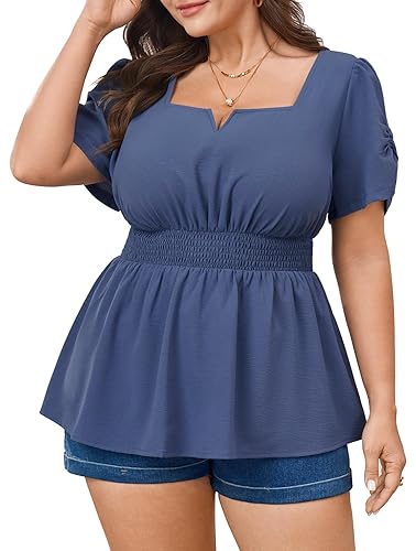 SCOMCHIC Womens Plus Size Tops Square Neck Peplum Blouse Top