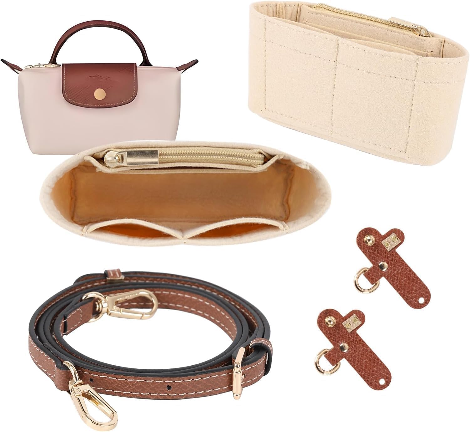 Purse Starp and Organiser Insert for Longchamp Le Pliage Mini Bag-Leather Brown Handbag-Bag Straps For Crossbody Handbags and Felt Mini Tote Bag Organiser Insert for Long Champ