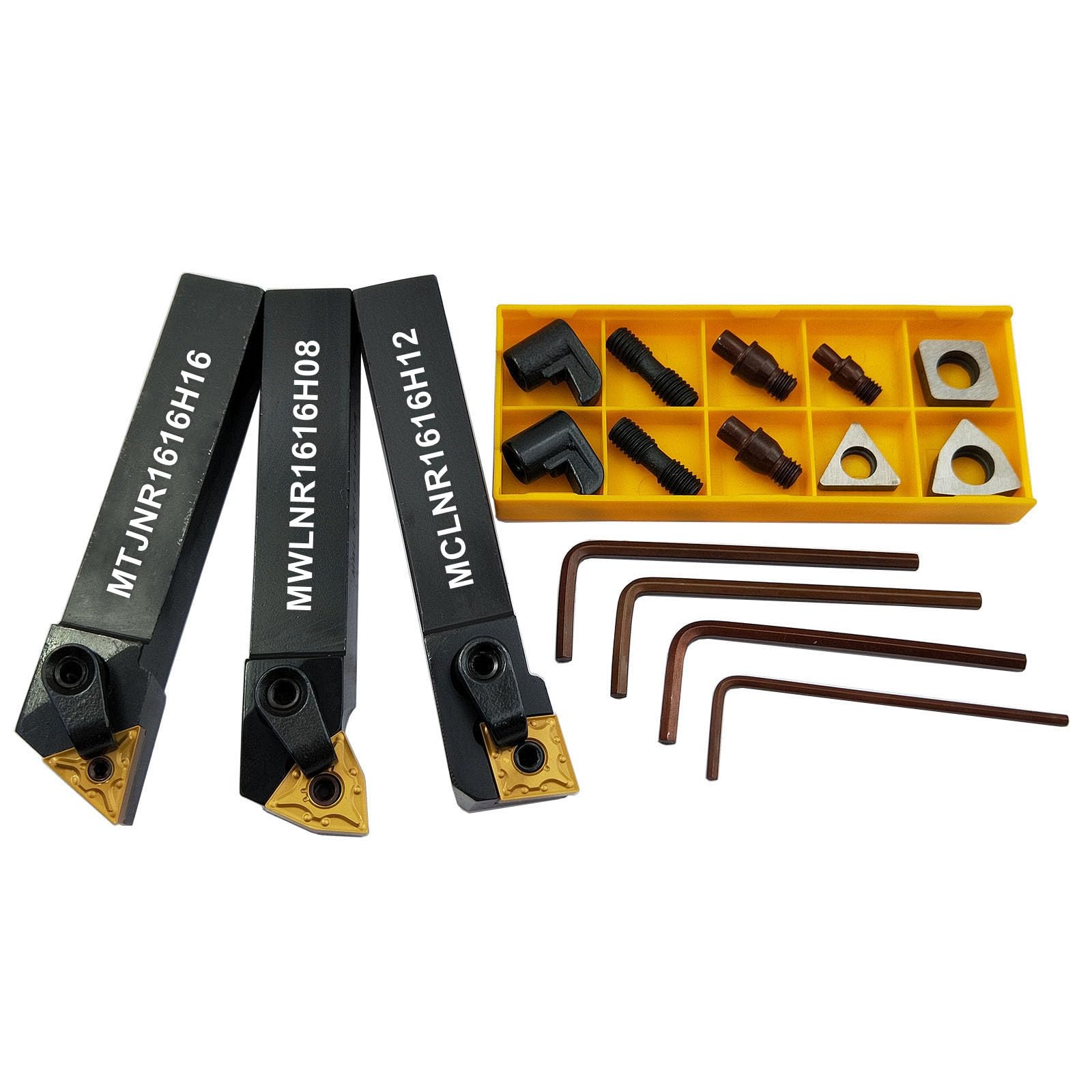 5/8" 16PCS Porte-outils de tour CNC à cercle excentré, MTJNR1616H16+MWLNR1616H08+MCLNR1616H12+WNMG431, CNMG431, TNMG331 inserts en carbure + ST1603, SW0804, SC1204+MCT513, MCT617+HL1814 + MCS625