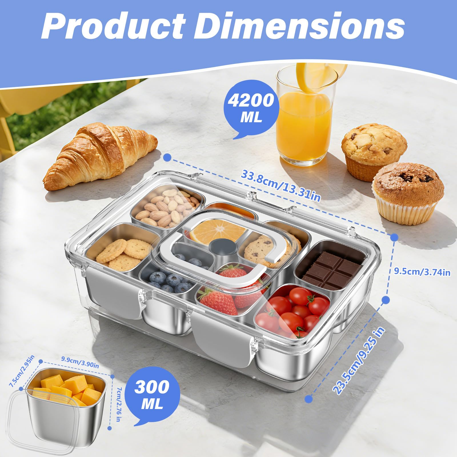 Caja de aperitivos con 8 compartimentos de acero inoxidable, bandeja para aperitivos con tapa y asa, lavable en el lavaplatos, para diversas frutas, aperitivos y postres