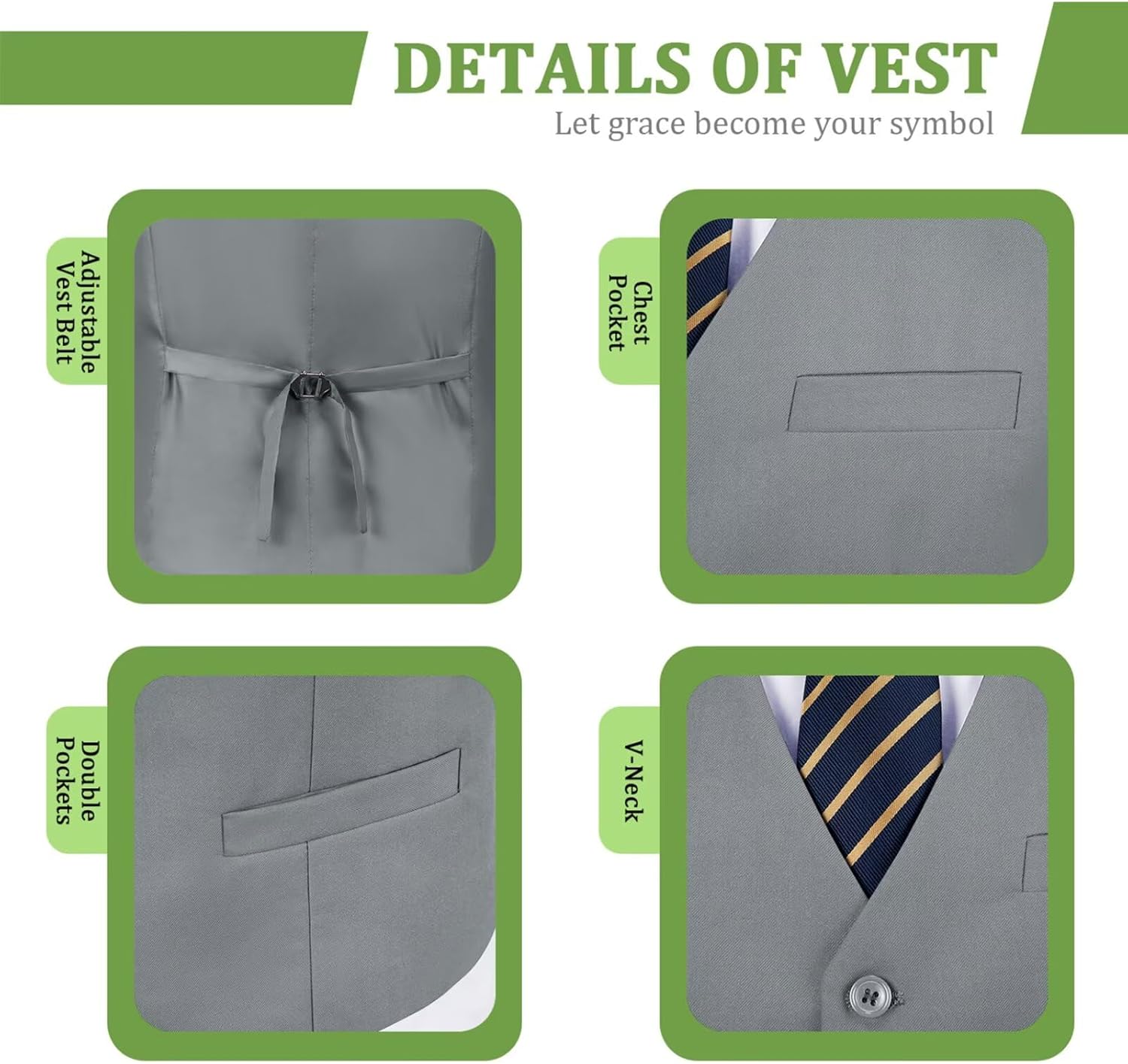 Fxzpiodi Mens 2 Piece Suit Vest Pant Set Slim Fit Casual Solid Waistcoat Vests Pants with Pocket Wedding Prom Suit for Men - Image 3