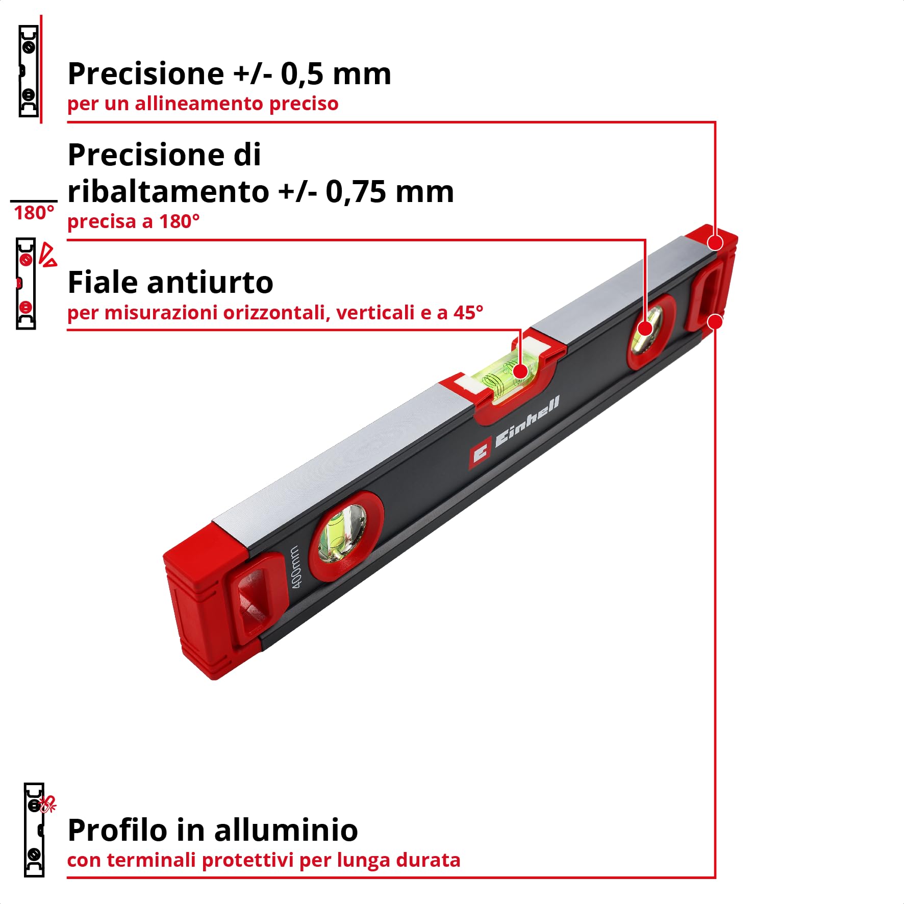 Einhell set di livelle professionali da 3 pezzi, 40/60 / 100 cm | Profilo alluminio | 3 fiale | base magnetica | precisione ±0,5 mm/m | terminali gomma | borsa trasporto incl.