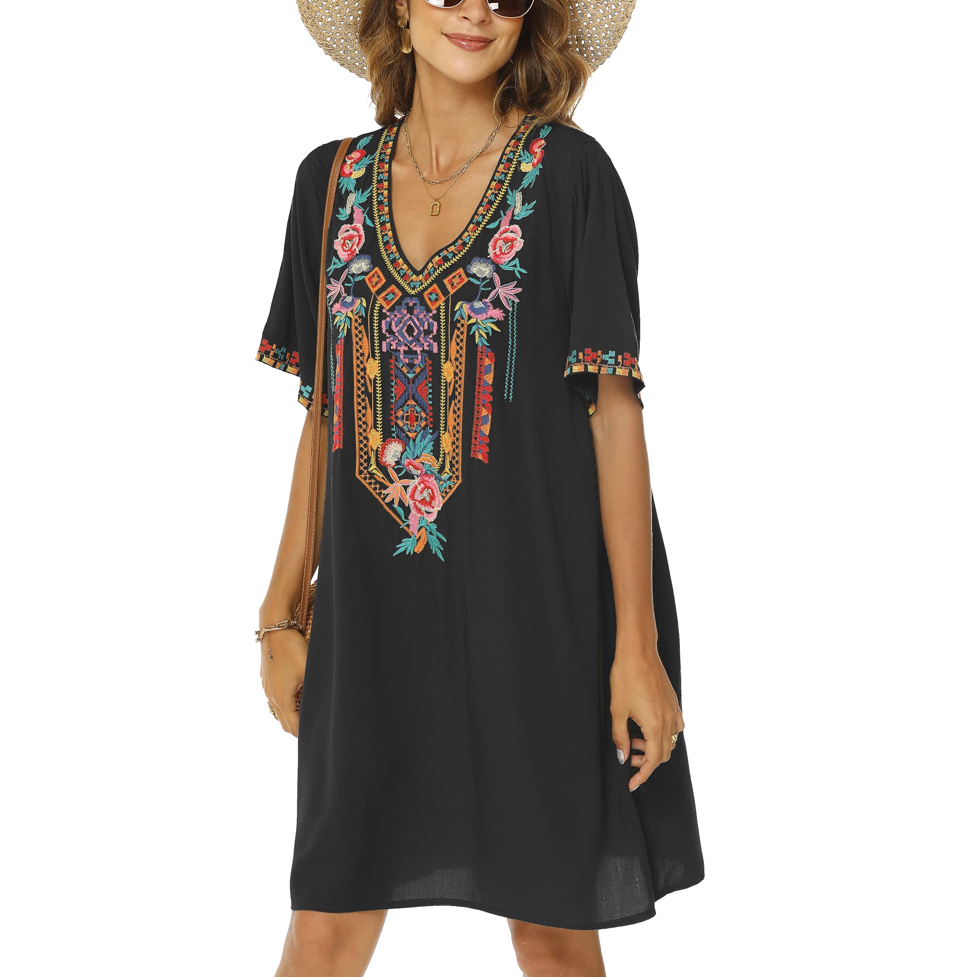Donna Estate Boho Mexican Peasant Dress Manica Corta Ricamata Floreale Flowy Dresses Tunica Hippie Bohemian Sciolto