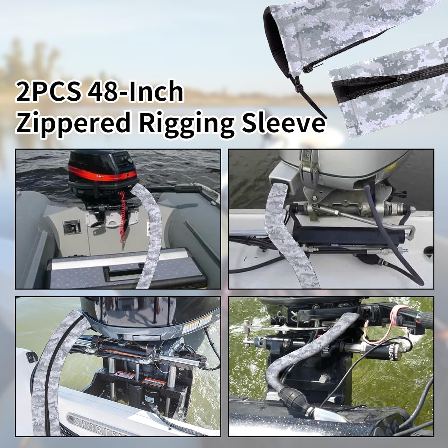 48" Zippered Neoprene Cable Sleeve with Marine Cable Boot Diameter 4 2/5" and Cable Tie, Outboard Rigging Hose and Trolling Motor Wire Protection Kit, Organized Cable Management (Camouflage White)