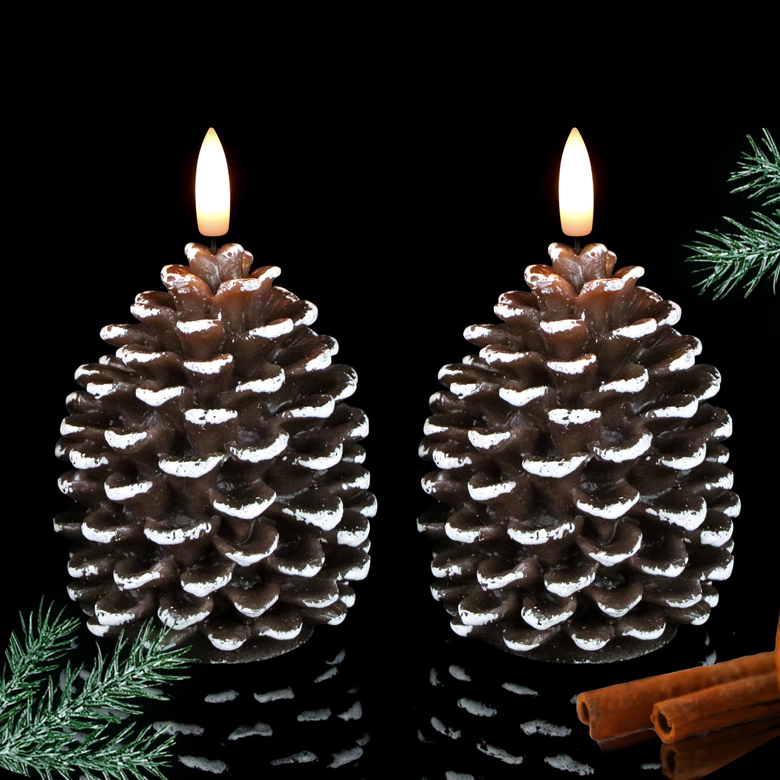 Candele a LED senza fiamma a forma di pigna con timer 6H, candele a pilastro cerose a batteria, confezione da 2 candele natalizie tremolanti con ghianda tremolante, decorazioni natalizie