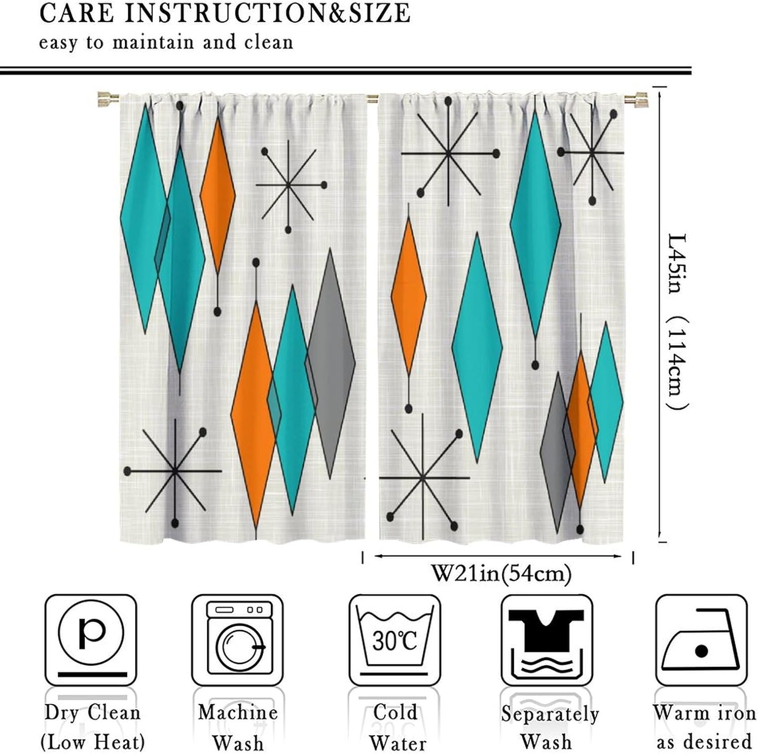 Mid Century Modern Curtains, Abstract Atomic Starburst Geometric Diamond Pattern Window Treatments for Bedroom Living Room,1950s 1960s Vintage Blackout Drapes 2 Panel Sets 42x45 Inch