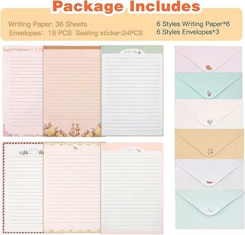 Miniatura 6 de Juego de 54 piezas de papelería con sobres, 36 papeles de escritura + 18 sobres, bonito papel de papelería forrado para escribir cartas,