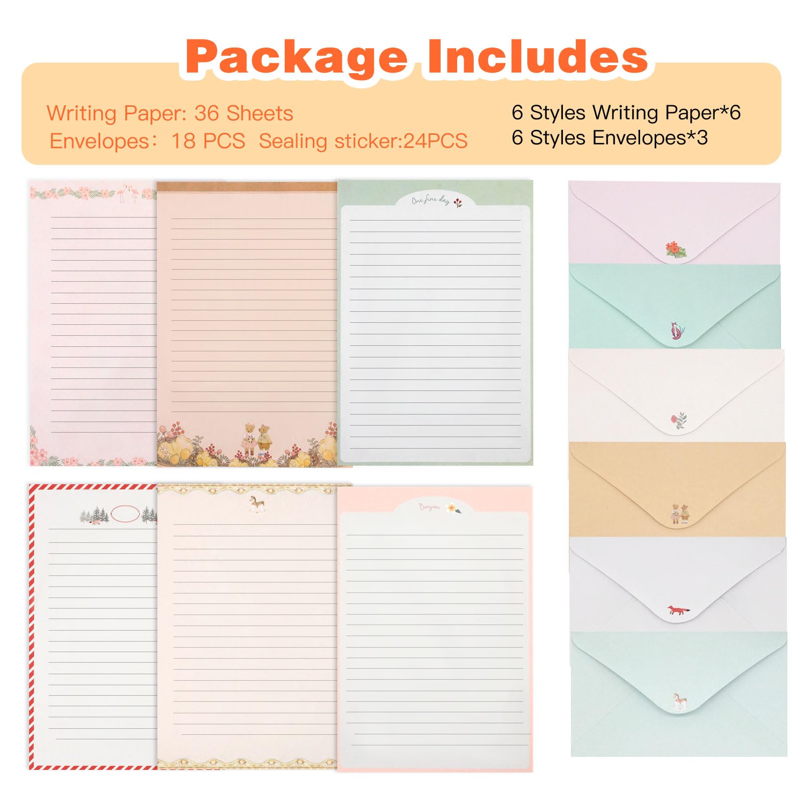 KSIWRE 54 PCS Stationery Set with Envelopes,36 Writing Paper+18 Envelopes,Cute Lined Stationery Paper for Writing Letters Invitations Poem Office School Supplies - Image 6