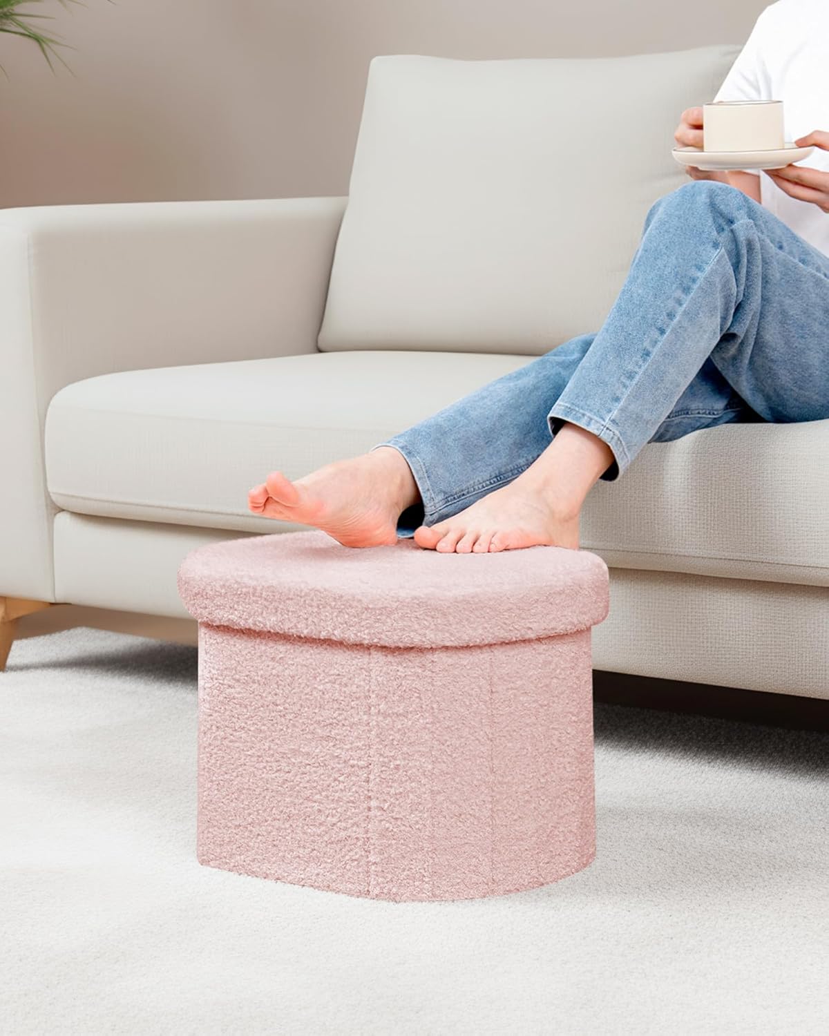 B FSOBEIIALEO Storage Ottoman for Dorm Room, Boucle Folding Storage Ottoman Foot Rest, 16.14 Inches Small Collapsible Ottoman Cube for Living Room Pink