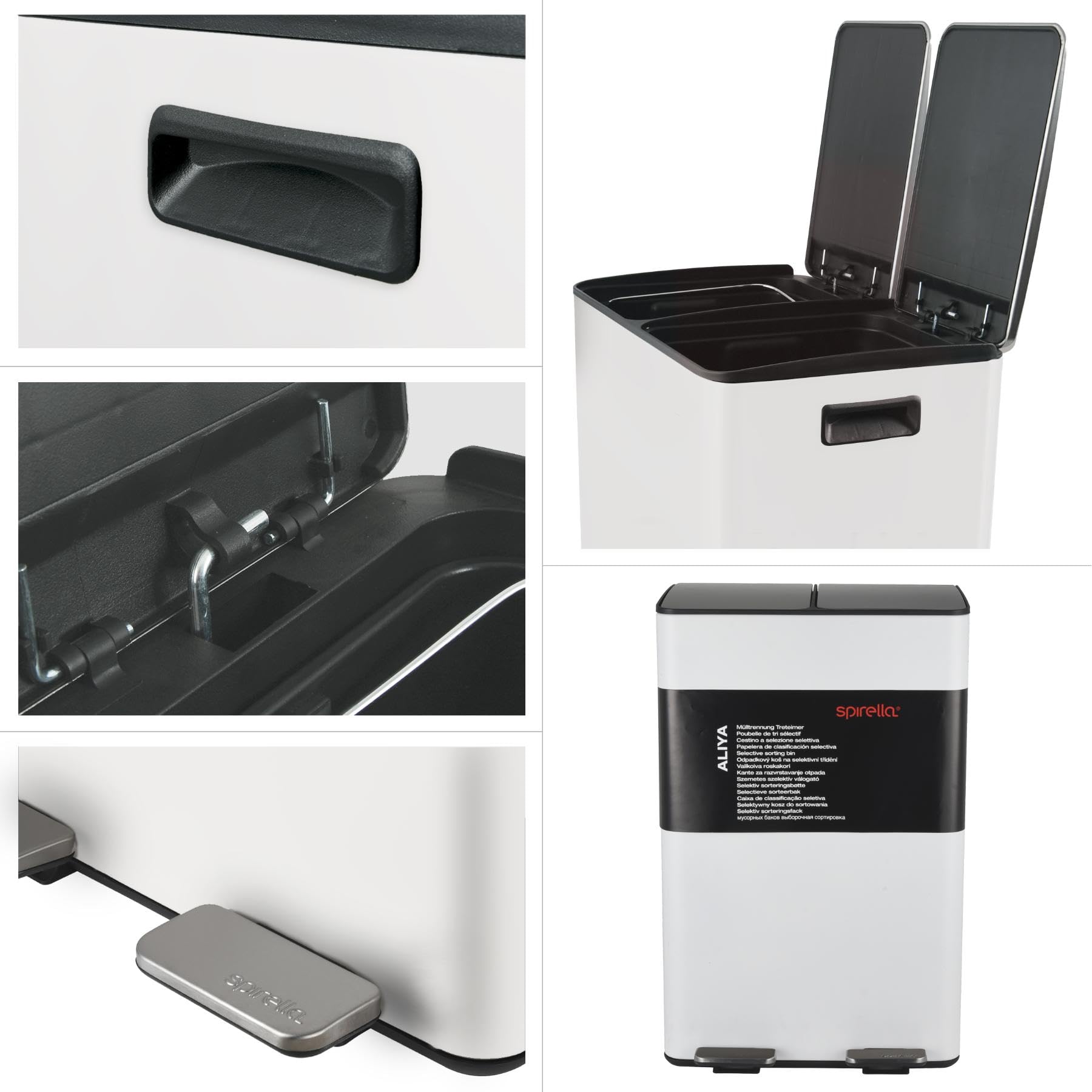 Spirella - Contenedor de reciclaje de cocina con pedal de 60 l (2 x 30 l) - Modelo Aliya - Acero inoxidable cepillado - Tapa de cierre suave - Cubos extraíbles - Asas laterales - Blanco mate