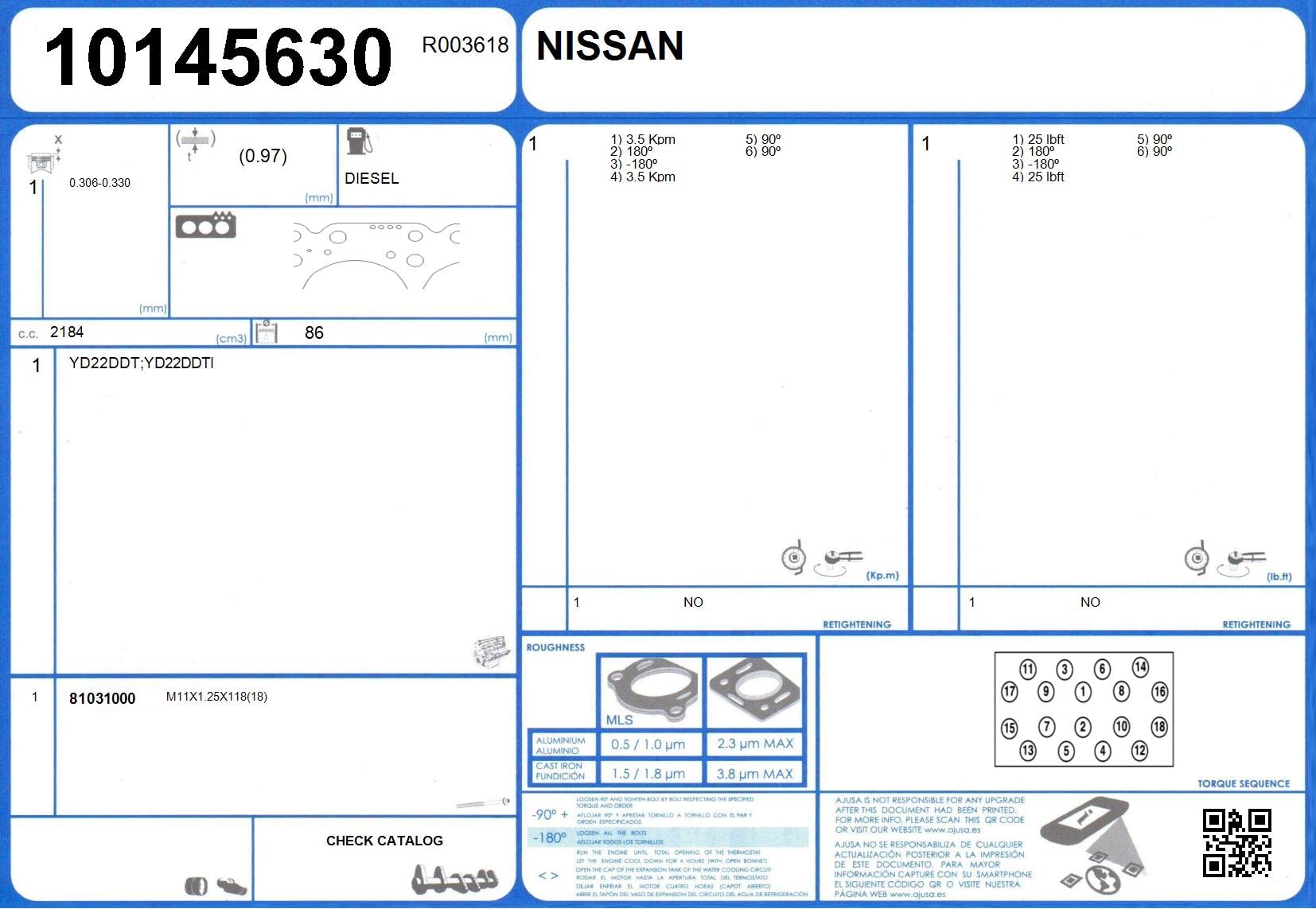 AJUSA 10145630 Guarnizione testata Compatibilità con NISSAN ALMERA TINO V10 ALMERA II Hatchback N16 PRIMERA Hatchback P12 PRIMERA P12 Almera II Sedan N16